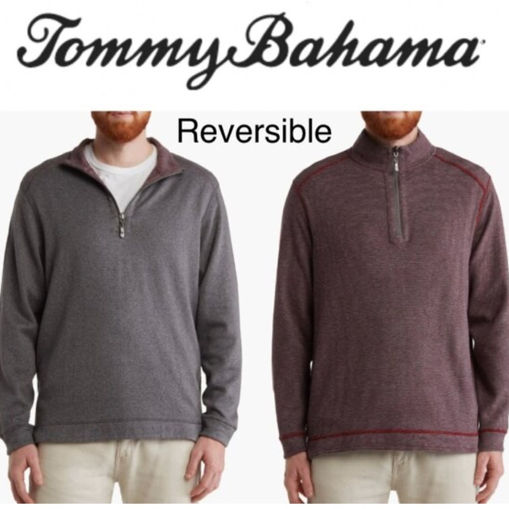 Tommy Bahama Alpine Reversible Half Zip Pullover Sweater in Grey & Maroon | XL